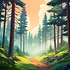 Beautiful anime-style landscape painting of the morning sun illuminating a path through a foggy, misty pine forest