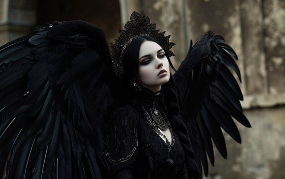beautiful girl with black wings in the Gothic style