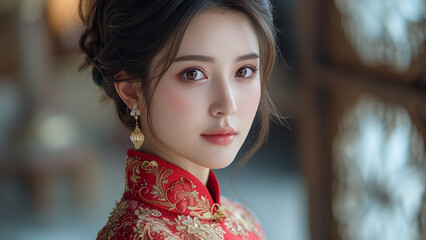 Fototapeta premium Elegant Fusion Asian Woman in Opulent Traditional Attire