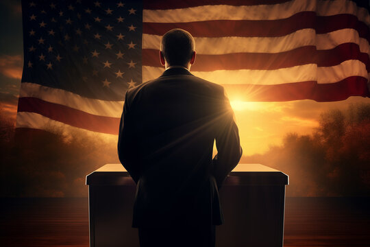 photo of a silhouette of a man facing an american flag and sunrise