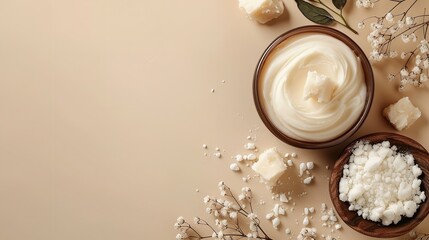 Obraz na płótnie Canvas Blending shea butter and soap cream over a beige backdrop and big copy space, Generative AI.