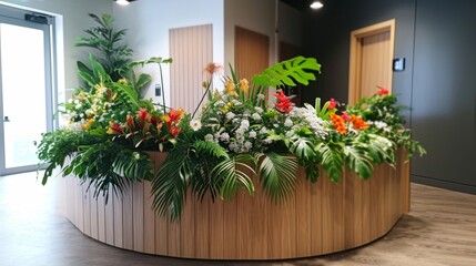 A reception area featuring a large wooden desk with a centerpiece of fresh flowers and leafy green plants giving a welcoming feel to visitors.