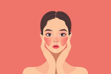 Skincare Model visual space. Well groomed woman uses radiofrequency therapy, atopic dermatitis lip balm, lotion & eye patch. Face cream neroli jar firming pot