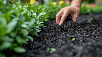 Close shot of hand spreading mulch around with space, Generative AI.