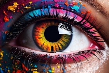 Human Cyborg AI Eye axial length. Eye visionary technology optic nerve lens nebula color vision. Visionary iris skin sight binocular vision eyelashes - obrazy, fototapety, plakaty