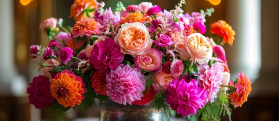 Fototapeta premium A vibrant bouquet of colorful flowers, including pink and magenta petals, adorns a table. The arrangement showcases the art of flower arranging.