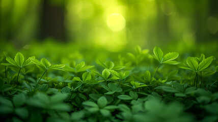 Sunlit Fresh Green Forest Undergrowth