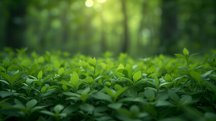 Fototapeta na wymiar Sunbeam Illuminating Young Forest Plants