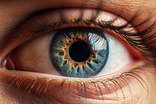 Human Cyborg AI Eye eyelid wound care. Eye texture optic nerve lens lamellar keratoplasty color vision. Visionary iris eyeball sight energy eyelashes