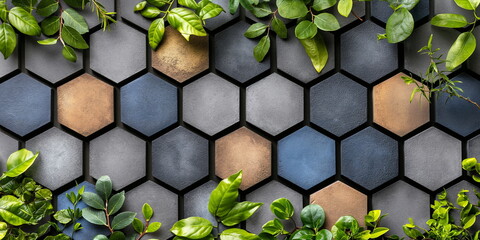 Lush green leaves intersperse with hexagonal tiles in varying shades, creating a modern geometric...