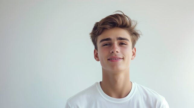Portrait of happy young man looking at camera isolated on white background.