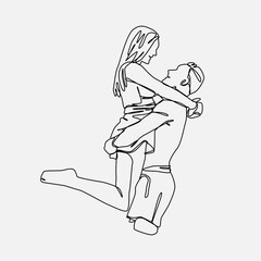 Continuous one line drawing of man carrying woman on the beach. Editable stroke. Vector illustration.