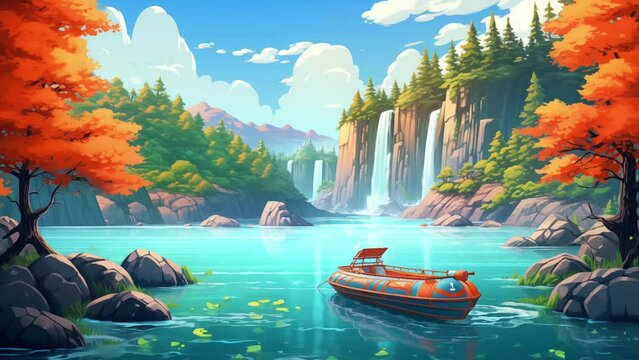 Animated illustration of a small lake in the middle of the forest with a wooden lifeboat. Forest views with natural lakes. Animated scenery background illustration.