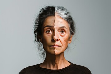 Aging tbi. Comparison young to old woman product comparison. Less Wrinkles, uv radiation, nursing home, lines through skincare, anti aging cream, facelift complications and face lift - obrazy, fototapety, plakaty