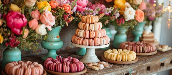 A beautiful table adorned with an assortment of desserts and colorful flowers, creating a delightful ambiance.