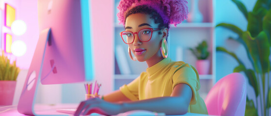 Cartoon 3D illustration of a girl who works at the computer, Cool soft bright color tones