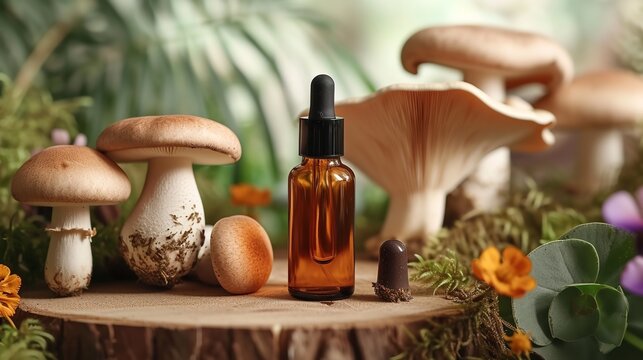 Copy space with kojic acid serum bottle with mushroom in backdrop, Generative AI.