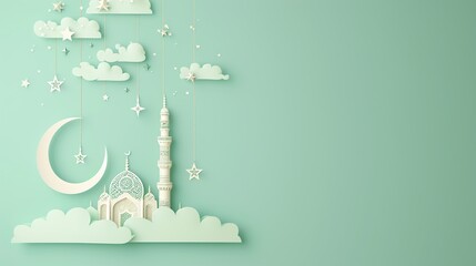Sacred Illumination: Paper Cut Style Artwork of Cloud Mosque and Crescent Moon, Crafted with Generative AI
