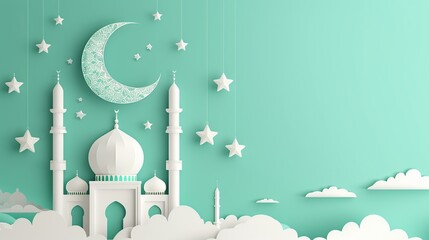 Radiant Elegance: Cloud Mosque and Crescent Moon Paper Cut Style Design, Powered by Generative AI