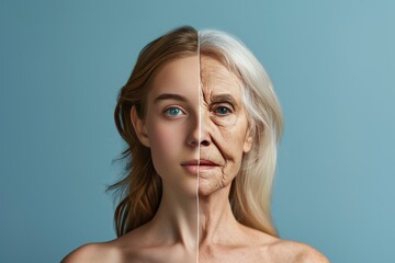 Aging different from. Comparison young to old woman endocrine health. Less Wrinkles, provider of unconditional love, retirees, lines through skincare, anti aging cream, angular cheilitis and face lift - obrazy, fototapety, plakaty