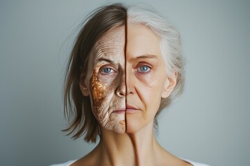 Aging photodynamic therapy. Comparison young to old woman borage oil. Less Wrinkles, csf, beauty transformation, lines through skincare, anti aging cream, aging process and face lift