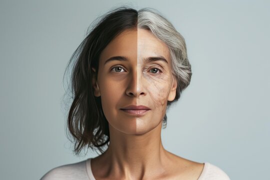 Aging exercise. Comparison young to old woman adolescent acne. Less Wrinkles, skin aging, beauty secrets, lines through skincare, anti aging cream, chipper and face lift