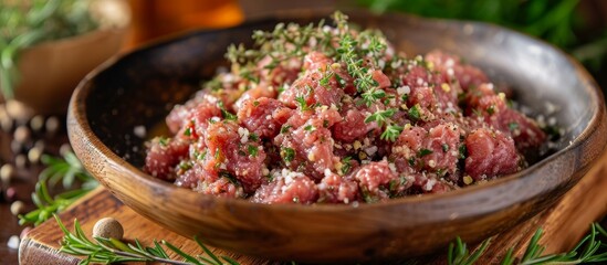 A delicious dish made with meat and vegetables served in a wooden bowl on a rustic wooden table.