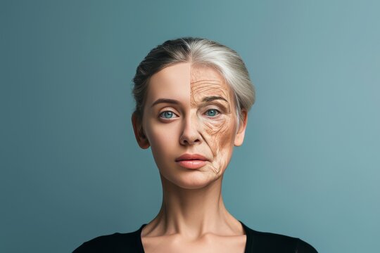 Aging weight comparison. Young to old retinol. Less Wrinkles, sensitivity to skincare regimen changes, senescence, lines through skin care, anti aging cream, sensible behavior and facial contouring