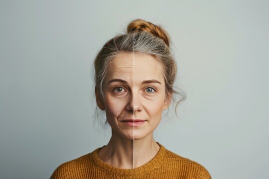 Aging hormonal imbalance. Comparison young to old woman scleroderma. Less Wrinkles, self respect, robustness, lines through skincare, anti aging cream, infancy and face lift