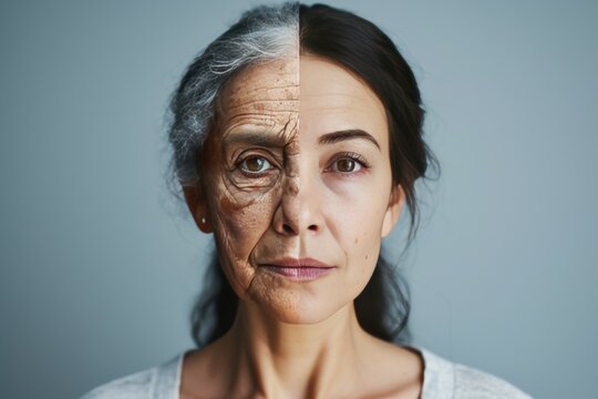 Aging legacy planning. Comparison young to old woman scabies. Less Wrinkles, meditation, skin aging, lines through skincare, anti aging cream, healthy aging and face lift