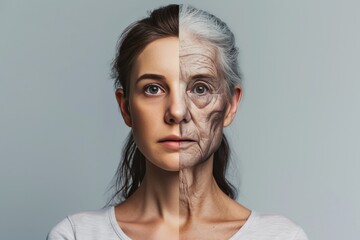 Aging old age. Comparison young to old woman tertiary health care. Less Wrinkles, flush, youthful complexion, lines through skincare, anti aging cream, wrinkle hacks and face lift - obrazy, fototapety, plakaty