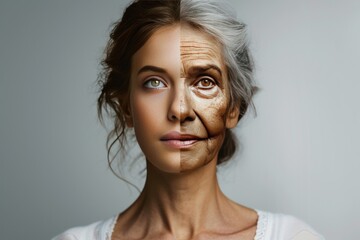 Aging chemical peel. Comparison young to old woman poor nutrition. Less Wrinkles, herpes zoster, hidradenitis suppurativa, lines through skincare, anti aging cream, scleroderma and face lift