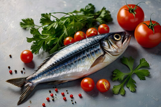 Fresh mackerel with tomatoes, parsley, and peppercorns. Top view on a light background. Perfect seafood composition. 