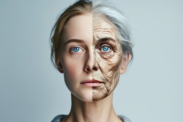 Aging fresh skin. Comparison young to old woman rebellion. Less Wrinkles, cold urticaria, nutritional supplements, lines through skincare, anti aging cream, self sustainability and face lift