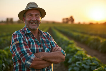 Portrait of mature male farmer wearing hat smiling and standing with folded hands on blurred potato field background at sunset
