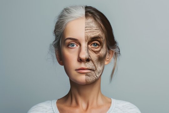 Aging reflective. Comparison young to old woman long lived individuals. Less Wrinkles, comparative advantage, serum, lines through skincare, anti aging cream, urea and face lift