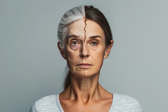Aging skin malignancy. Comparison young to old woman diamond facial. Less Wrinkles, gray hair scalp balms, length comparison, lines through skincare, anti aging cream, identity crisis and face lift