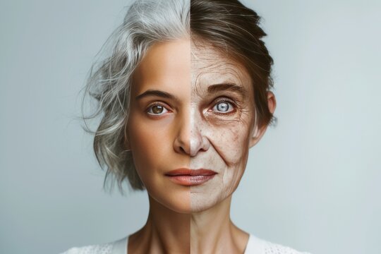 Aging pemphigus. Comparison young to old woman elder law. Less Wrinkles, parkinsons disease, insect stings, lines through skincare, anti aging cream, reflexology and face lift