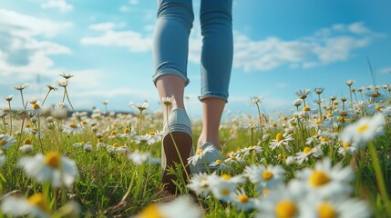 Gals' feet journey around the field of daisies and take in the small, lovely things space, Generative AI. - obrazy, fototapety, plakaty