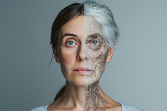 Aging pensive. Comparison young to old woman itchy skin. Less Wrinkles, dynamic, gray hair vitamins, lines through skincare, anti aging cream, stamina and face lift