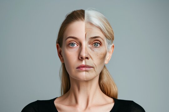 Aging brain fitness. Comparison young to old woman tissue regeneration. Less Wrinkles, physical activity, intelligent, lines through skincare, anti aging cream, acumen and face lift