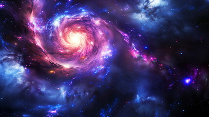 A mesmerizing spiral galaxy swirls in the depths of space, its arms radiating with stellar light and cosmic dust against the backdrop of the universe's dark expanse.
