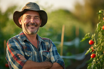 Portrait of mature male farmer wearing hat smiling with folded hands on blurred background of tomato field under bright sunlight - obrazy, fototapety, plakaty