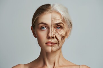 Aging elasticity loss. Comparison young to old woman mood swings. Less Wrinkles, rosacea, energy loss, lines through skincare, anti aging cream, rocky mountain spotted fever and face lift - obrazy, fototapety, plakaty