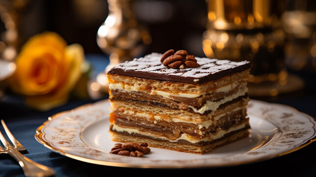 A full Opera cake with signature layers visible from the side, placed on a vintage silver tray with a lace background, Close-up Shot
