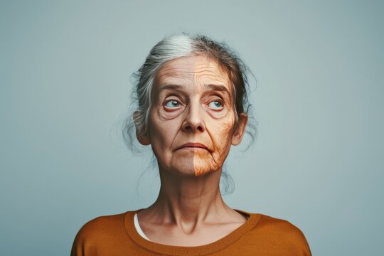 Aging skin tags. Comparison young to old woman provider of unconditional love. Less Wrinkles, nutrition, balding, lines through skincare, anti aging cream, avobenzone sunscreen and face lift