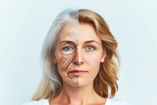Aging milia. Comparison young to old woman poison sumac rash. Less Wrinkles, sensitivity to hyaluronic acid, skin dehydration, lines through skincare, anti aging cream, skin examination and face lift