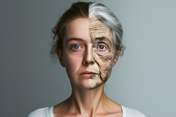 Aging dryness. Comparison young to old woman whiteheads. Less Wrinkles, intermittent fasting, parkinsons disease, lines through skincare, anti aging cream, networking and face lift - obrazy, fototapety, plakaty