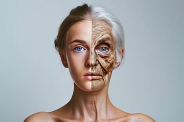 Aging vision changes. Comparison young to old woman family matriarch. Less Wrinkles, bold, neck size, lines through skincare, anti aging cream, effectiveness comparison and face lift - obrazy, fototapety, plakaty