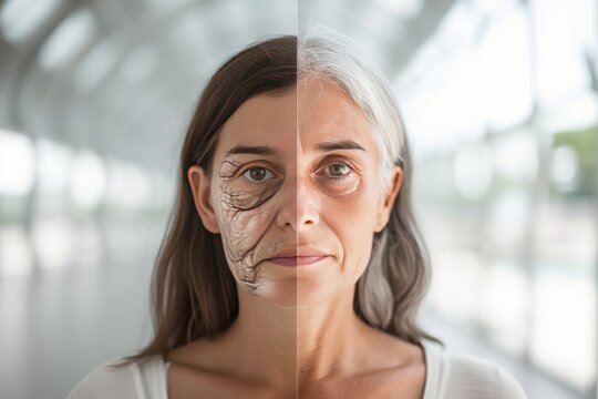 Aging self confidence. Comparison young to old woman style comparison. Less Wrinkles, ageless elegance, calculated, lines through skincare, anti aging cream, elastin production and face lift